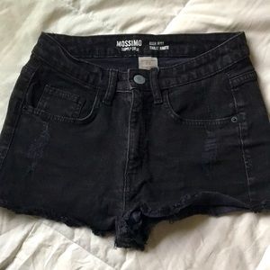 High rise distressed black denim shorts